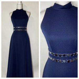 Vintage 70s Leslie Fay Knits Small? Blue Sleeveless High Neck Metal Maxi Dress